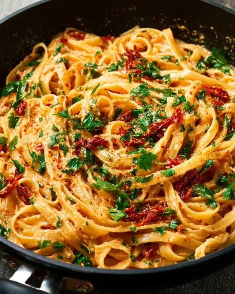 Creamy vegan sun-dried tomato pasta garnished with fresh basil