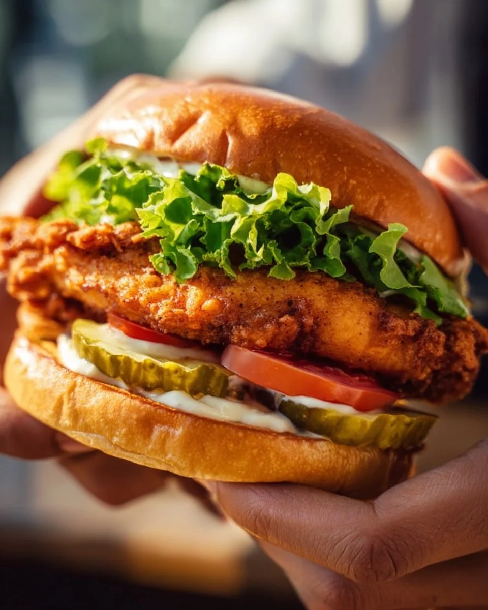 Delicious crispy chicken sandwich with toppings and sauces.