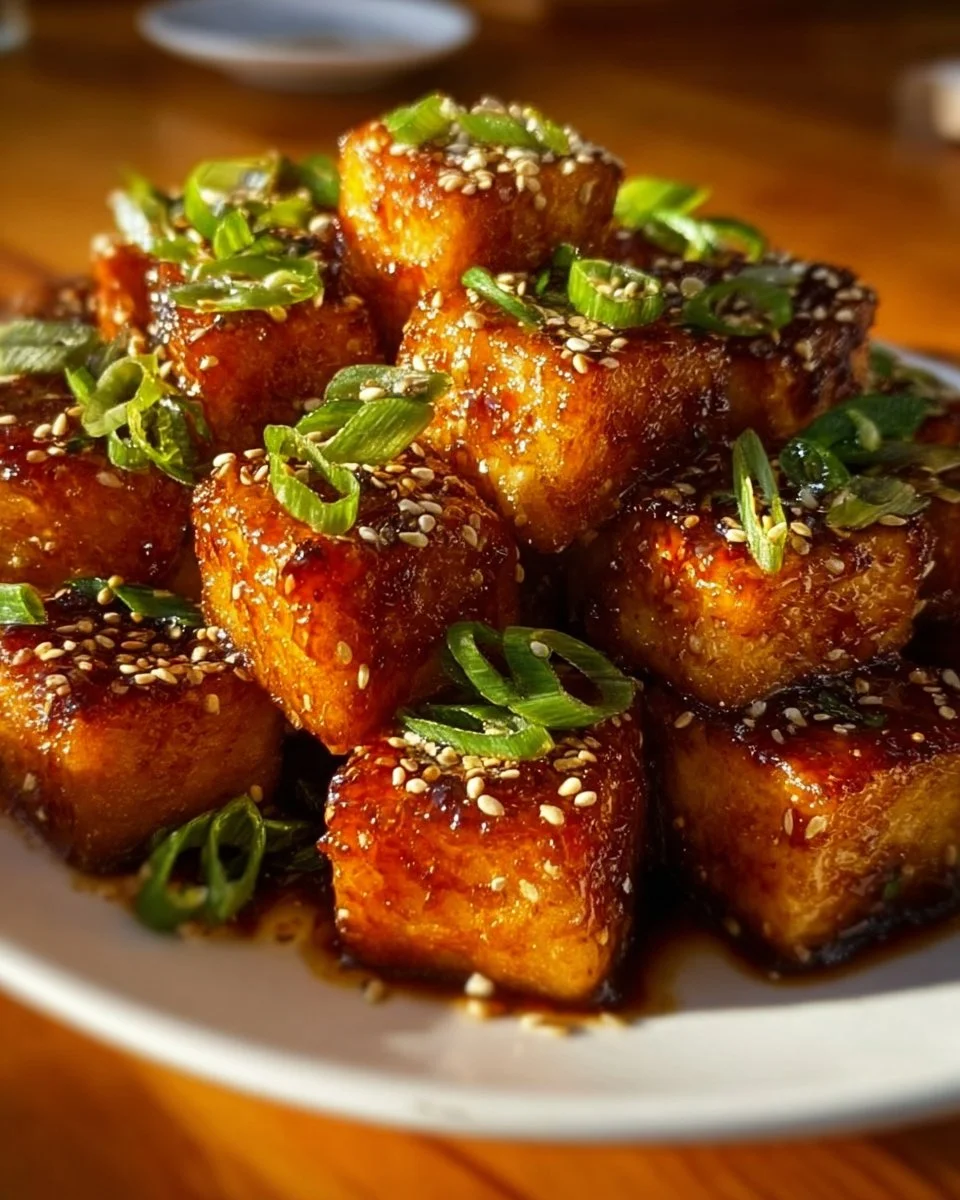Crispy honey garlic tofu served on a plate with garnishes