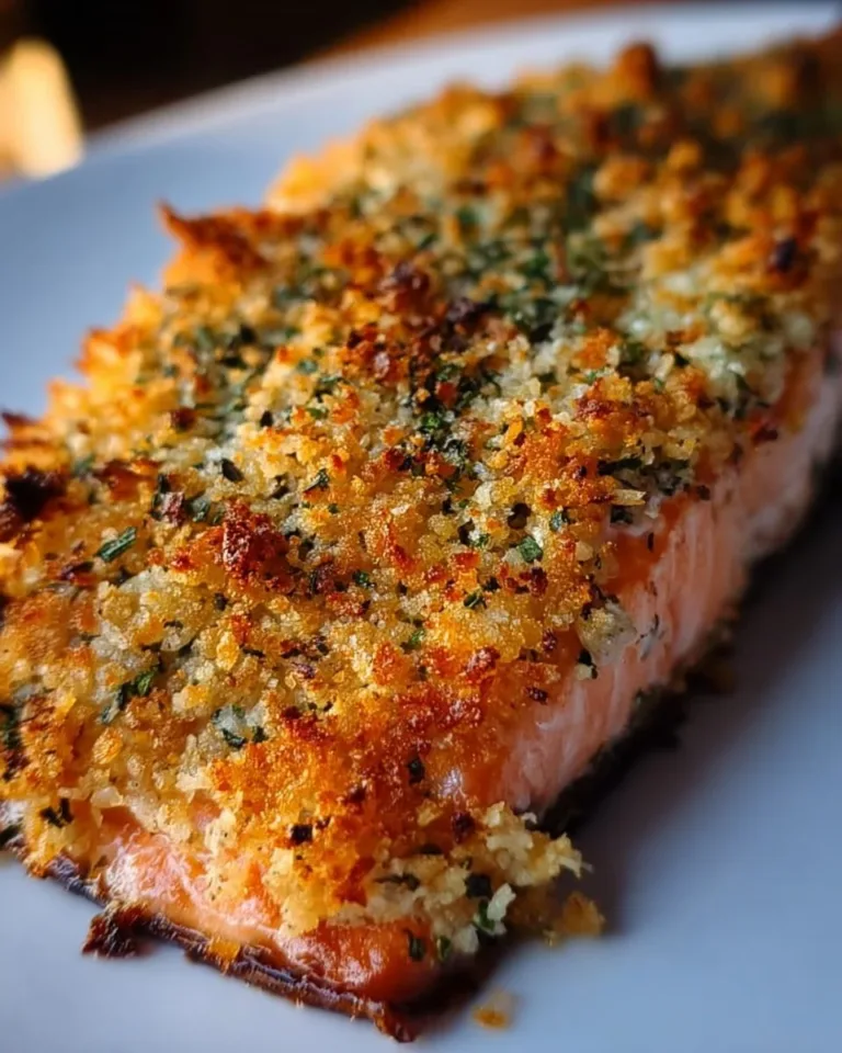 Crispy Parmesan Salmon Bake garnished with herbs on a plate