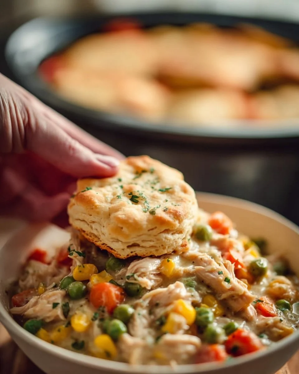 Delicious Crock Pot Chicken Pot Pie served in a bowl with fresh herbs on top.