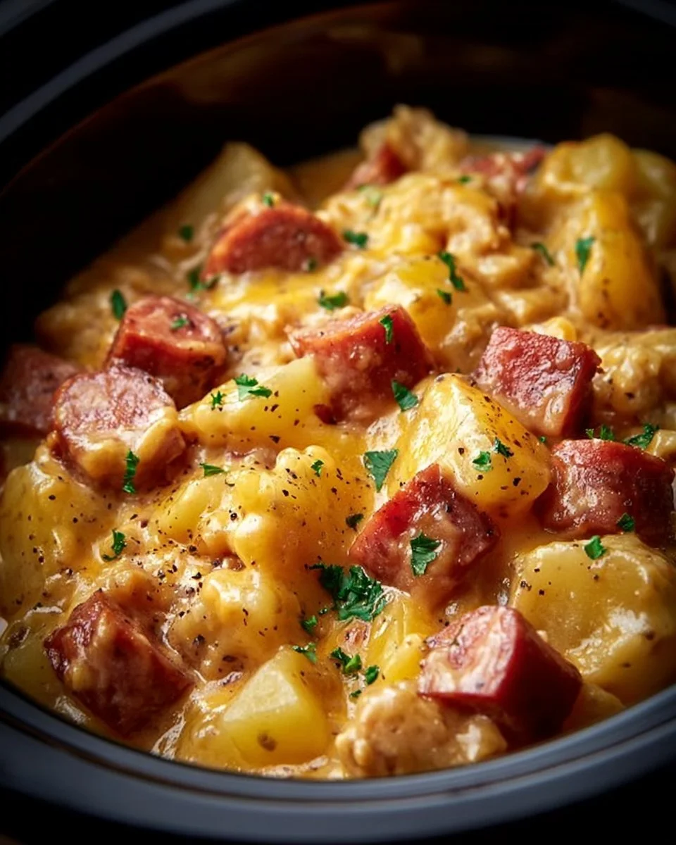 Crockpot cheesy potatoes with kielbasa in a serving dish
