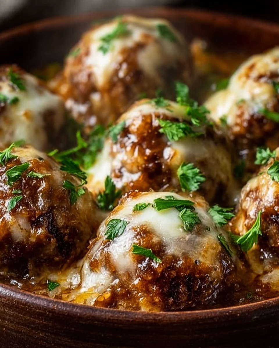 Delicious Crockpot French Onion Meatballs served with melted cheese and caramelized onions