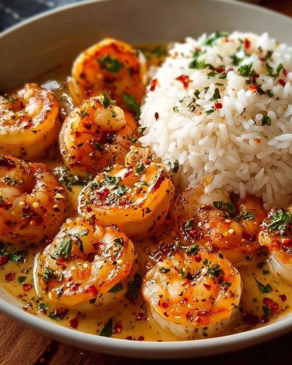 Delicious creamy garlic shrimp served in a bowl with herbs and lemon slices.