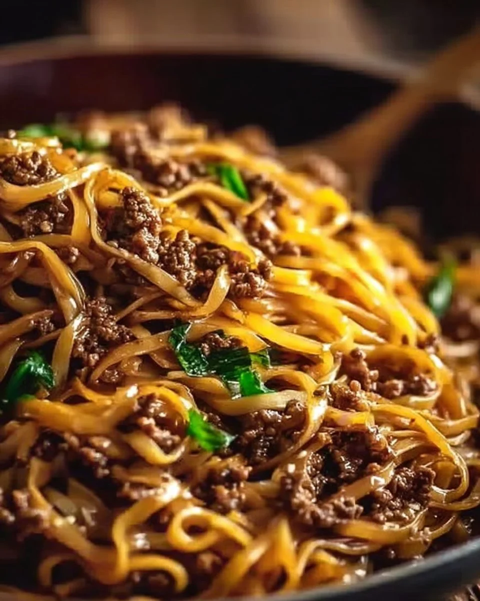 Plate of easy Mongolian ground beef noodles garnished with green onions.