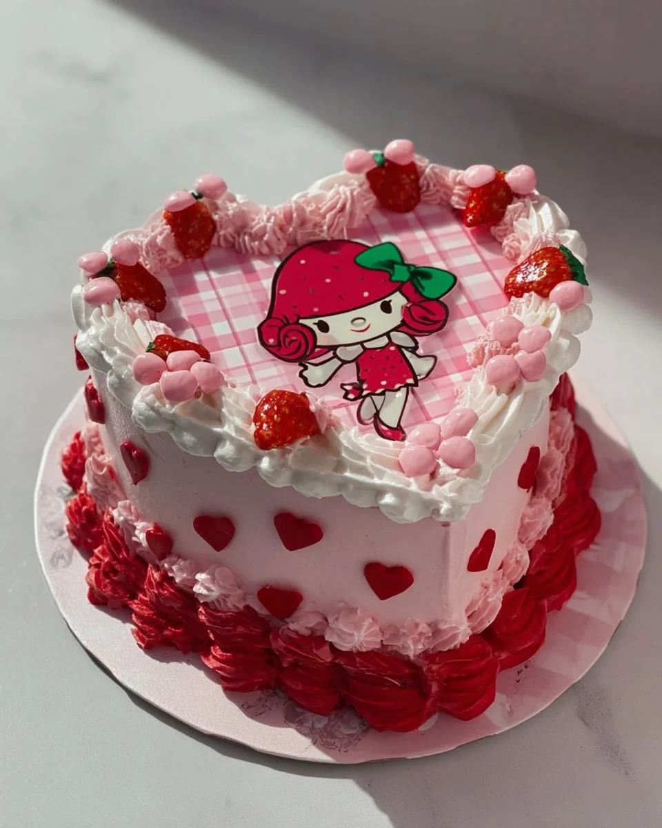 Delicious strawberry birthday cake decorated with fresh strawberries