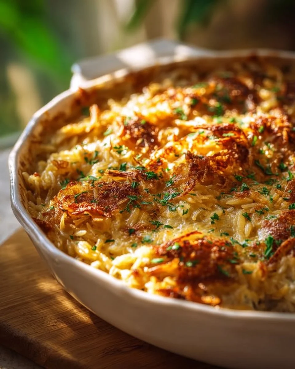 Delicious French Onion Chicken Orzo Casserole garnished and ready to serve.