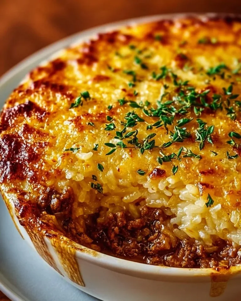French onion casserole with ground beef and rice, baked to perfection