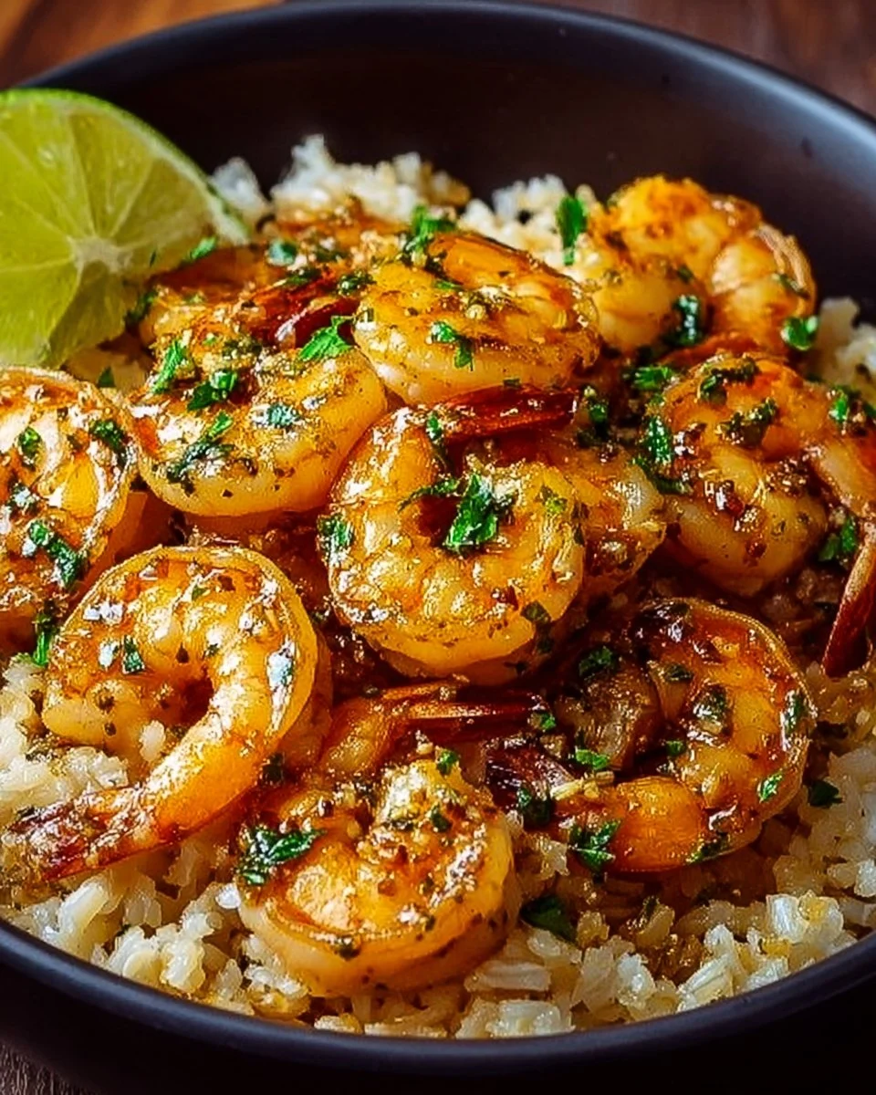 Delicious Garlic Butter Shrimp served over fluffy rice