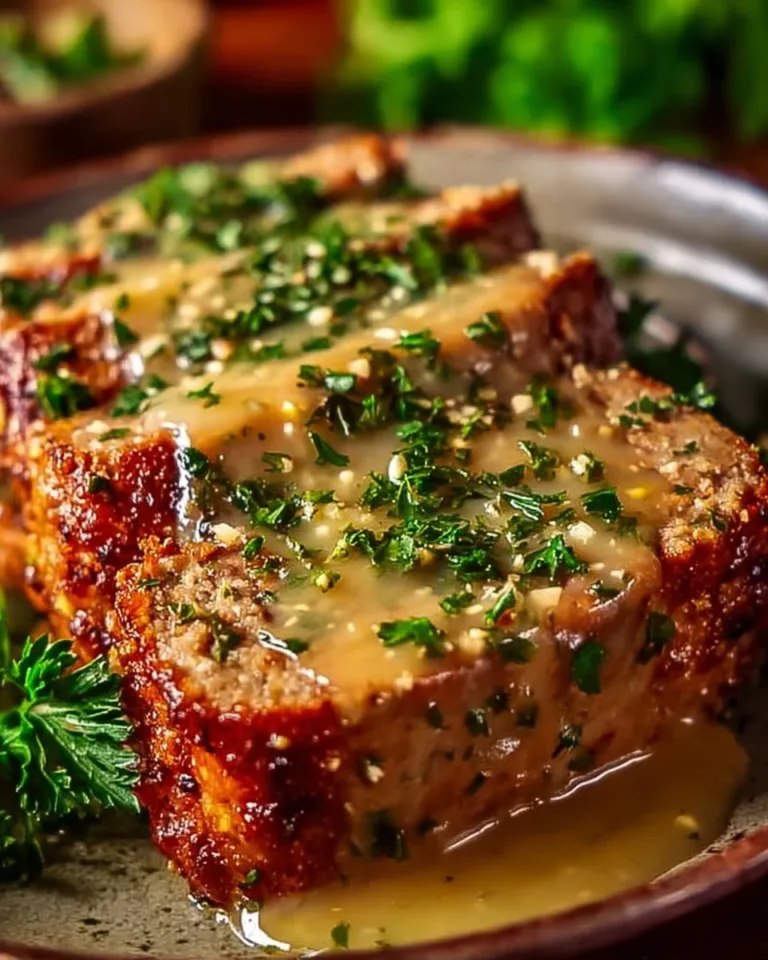 Delicious Garlic Parmesan Chicken Meatloaf served on a plate with garnish