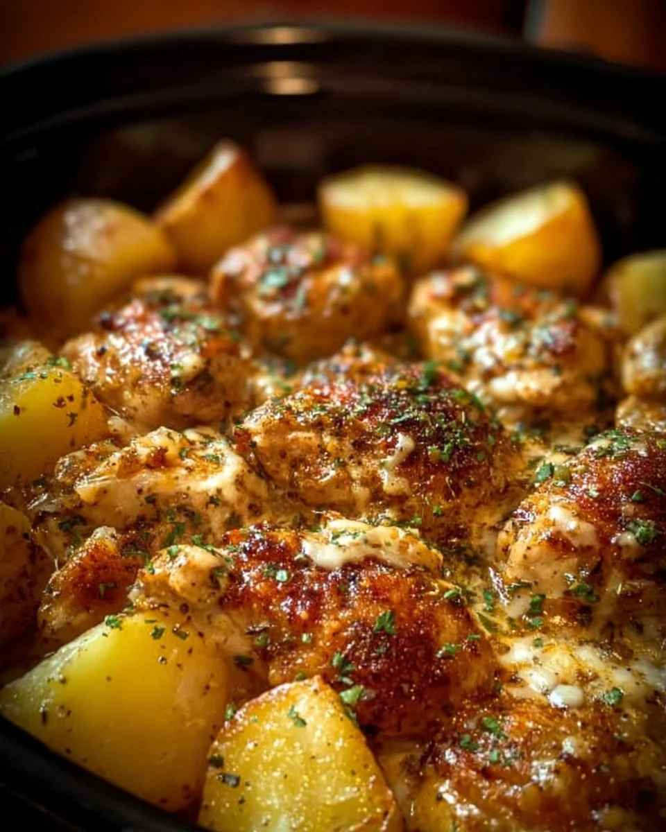 Crockpot Garlic Parmesan Chicken served with potatoes