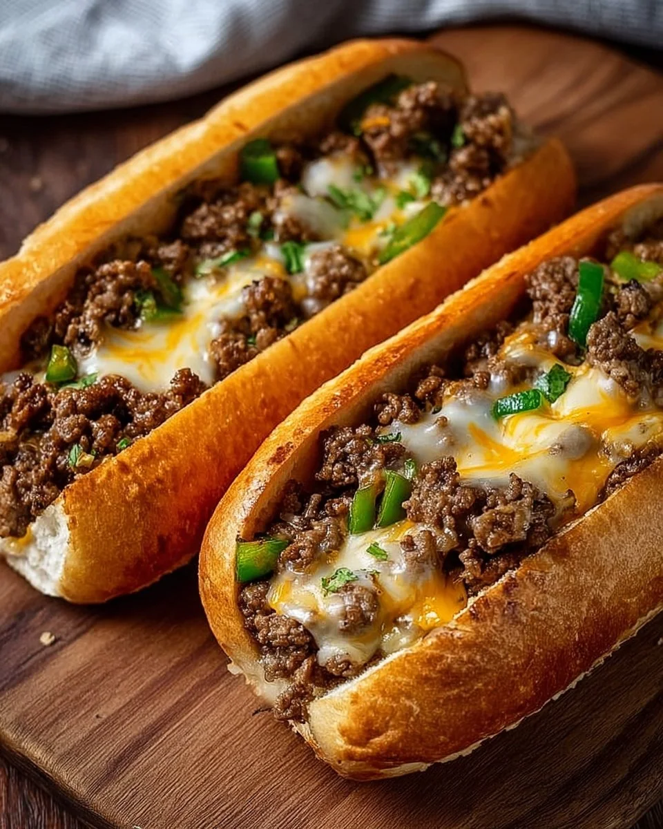 Delicious Ground Beef Philly Cheesesteaks served with cheese and toppings
