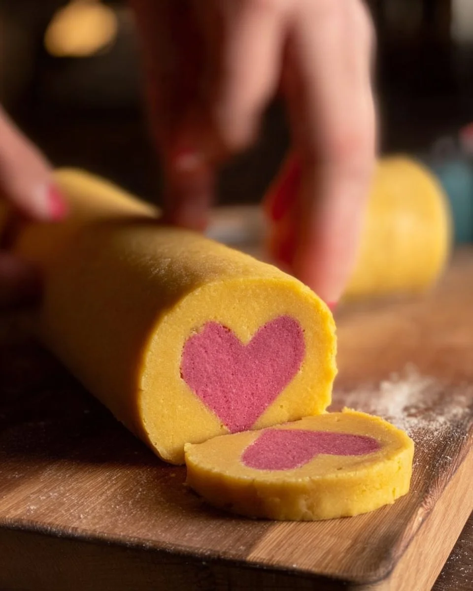 Heart-shaped slice and bake cookies on a plate, ready to enjoy.