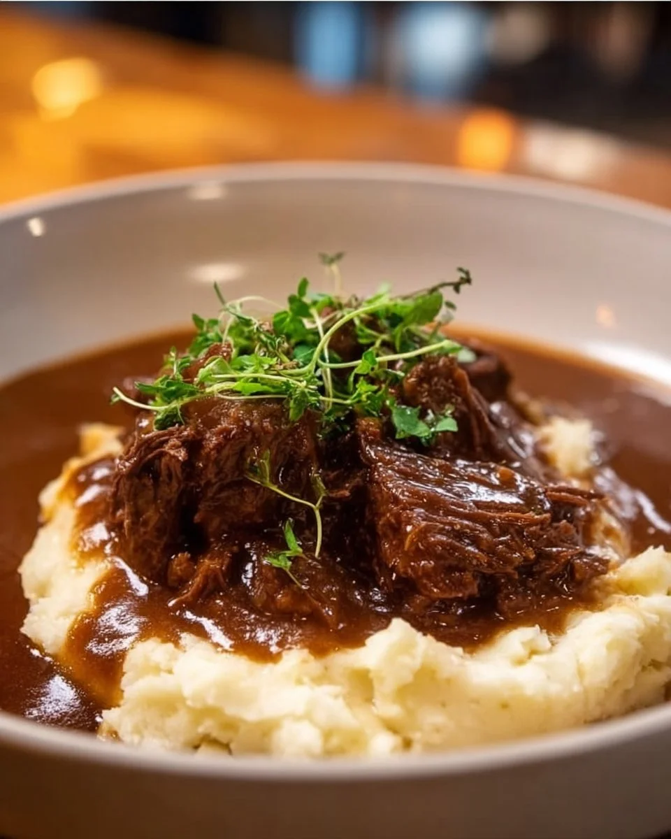 Delicious Slow Cooker Beef Manhattan served with rich gravy over bread