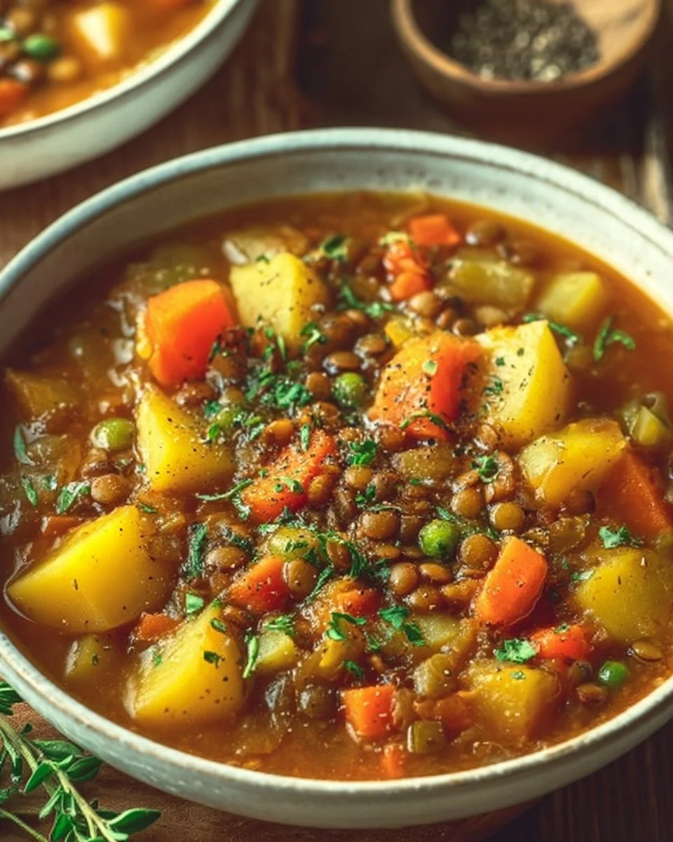 Bowl of hearty vegan stew with colorful vegetables and herbs.