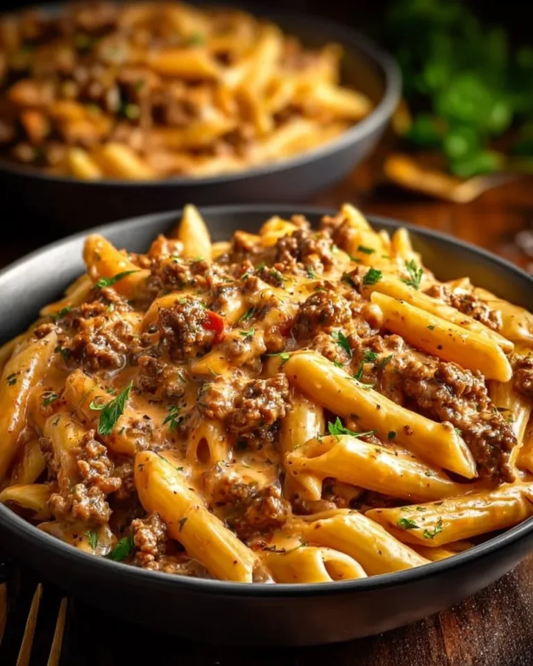 Creamy beef pasta dish with high protein content for a delicious meal