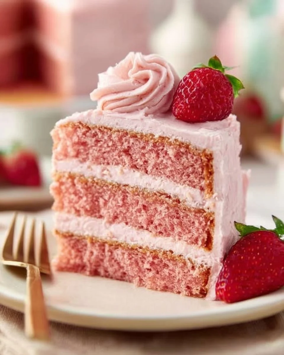 Homemade strawberry cake with strawberry frosting on a plate.