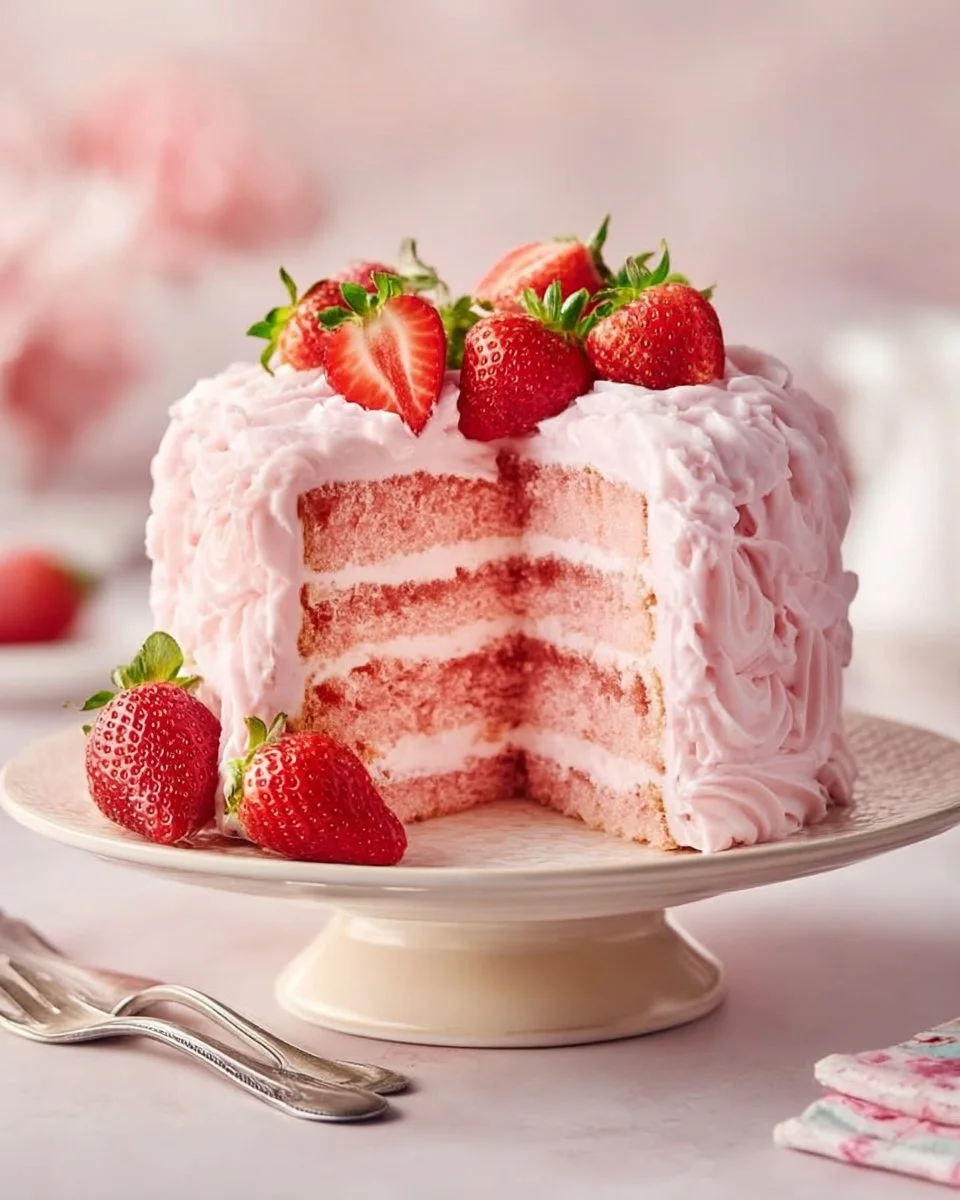 Homemade strawberry cake with strawberry frosting on a plate