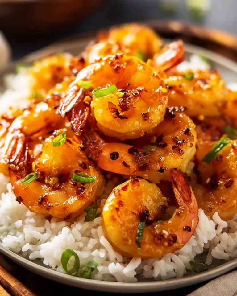 Plate of Honey Garlic Shrimp garnished with green onions on a wooden table.