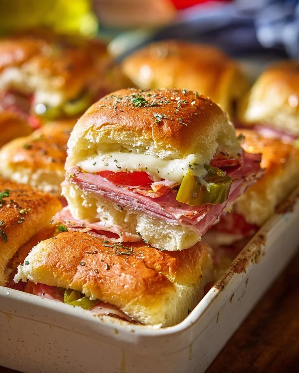 Plate of hot Italian sub sliders with melted cheese and fresh ingredients