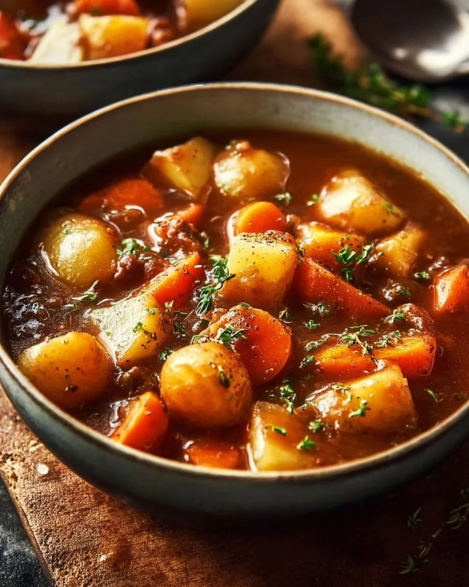 Bowl of delicious Irish Vegetarian Stew with fresh vegetables and herbs