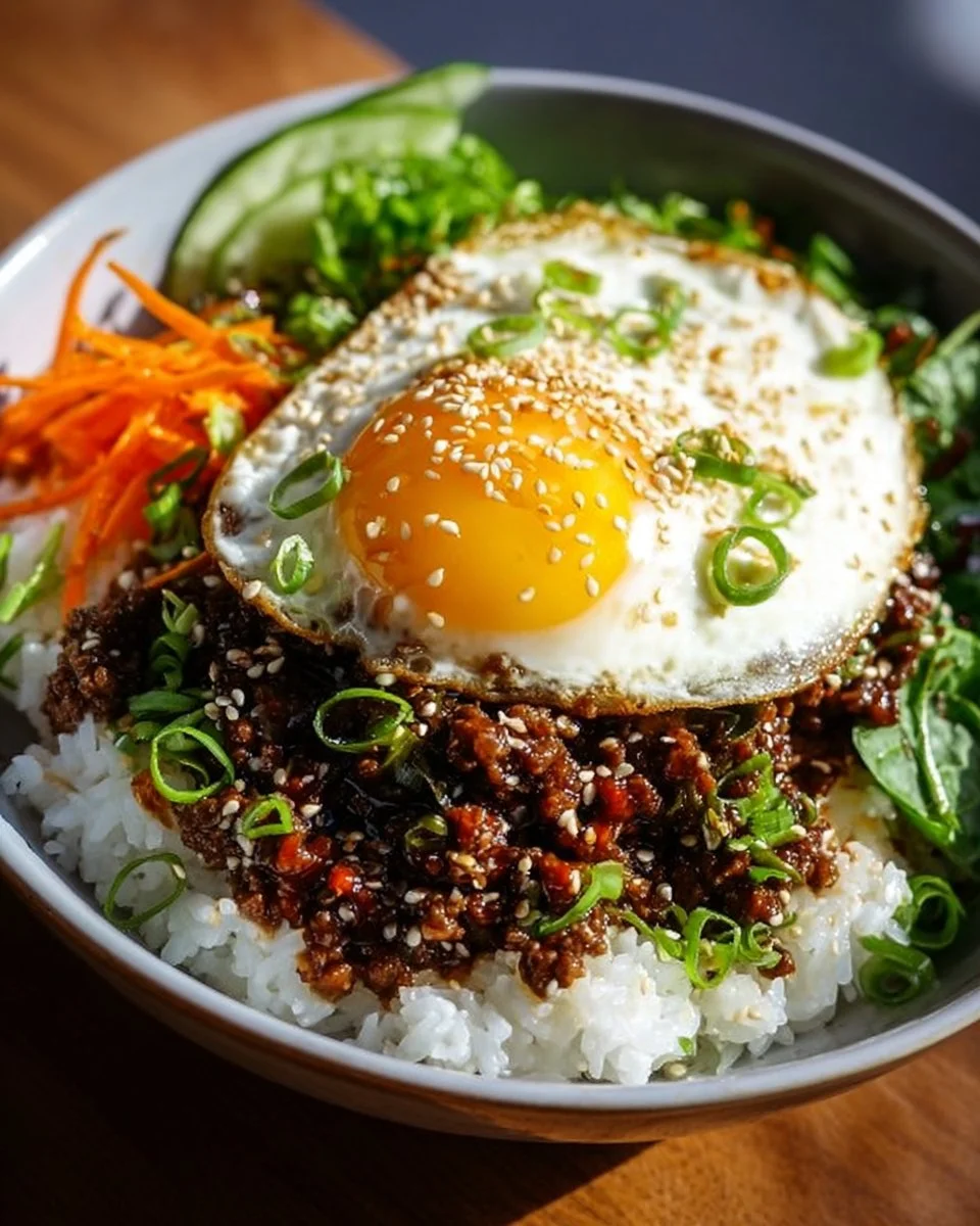 Korean Ground Beef Bowl served with rice and vegetables