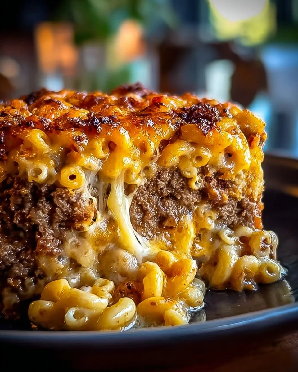 Mac and Cheese Meatloaf Casserole baked to perfection with cheesy goodness.