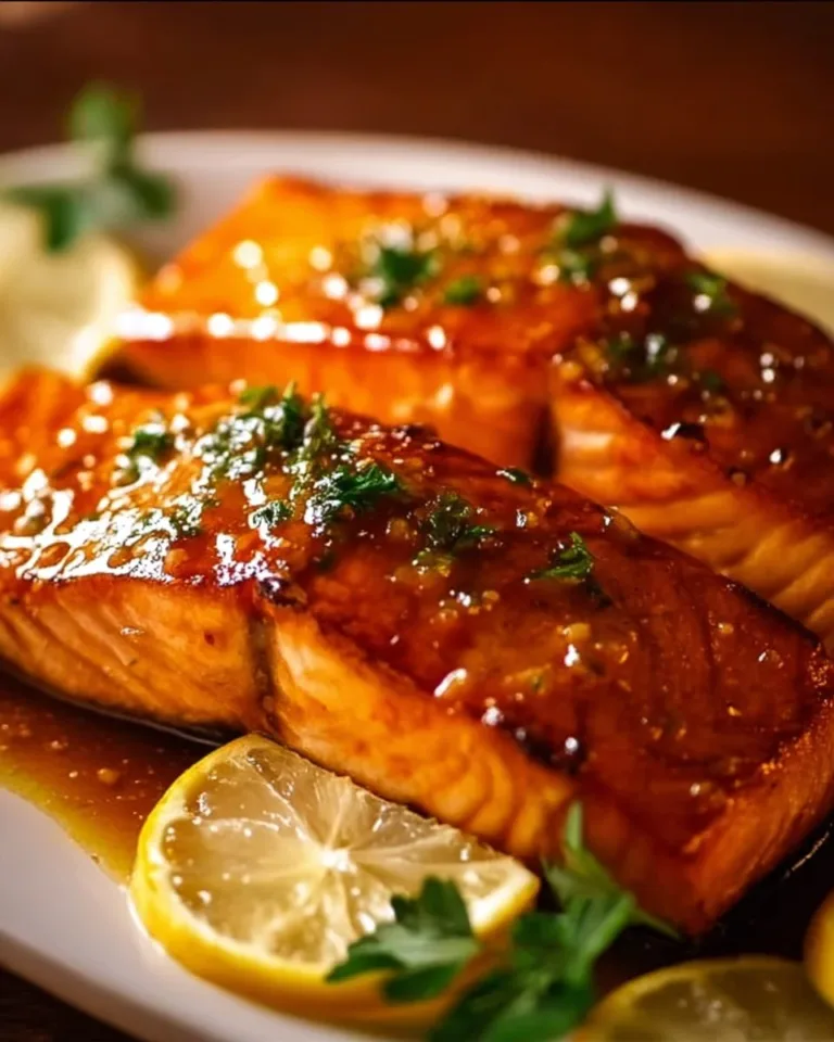 Maple Dijon glazed baked salmon fillet on a white plate with herbs