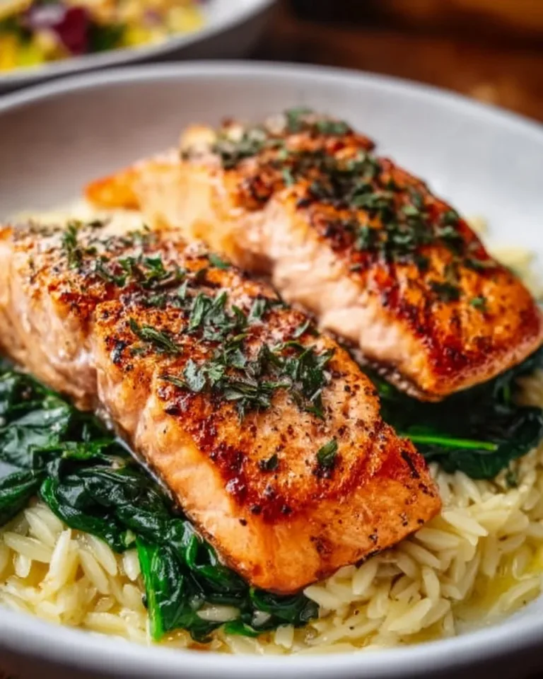 Mediterranean salmon served with lemon orzo on a plate.