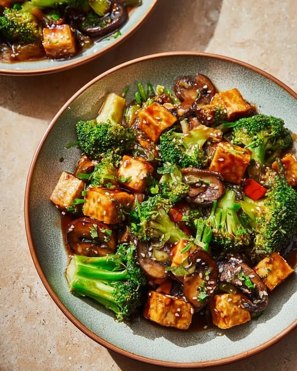 Mushroom Tofu Stir-Fry with vibrant vegetables in a bowl