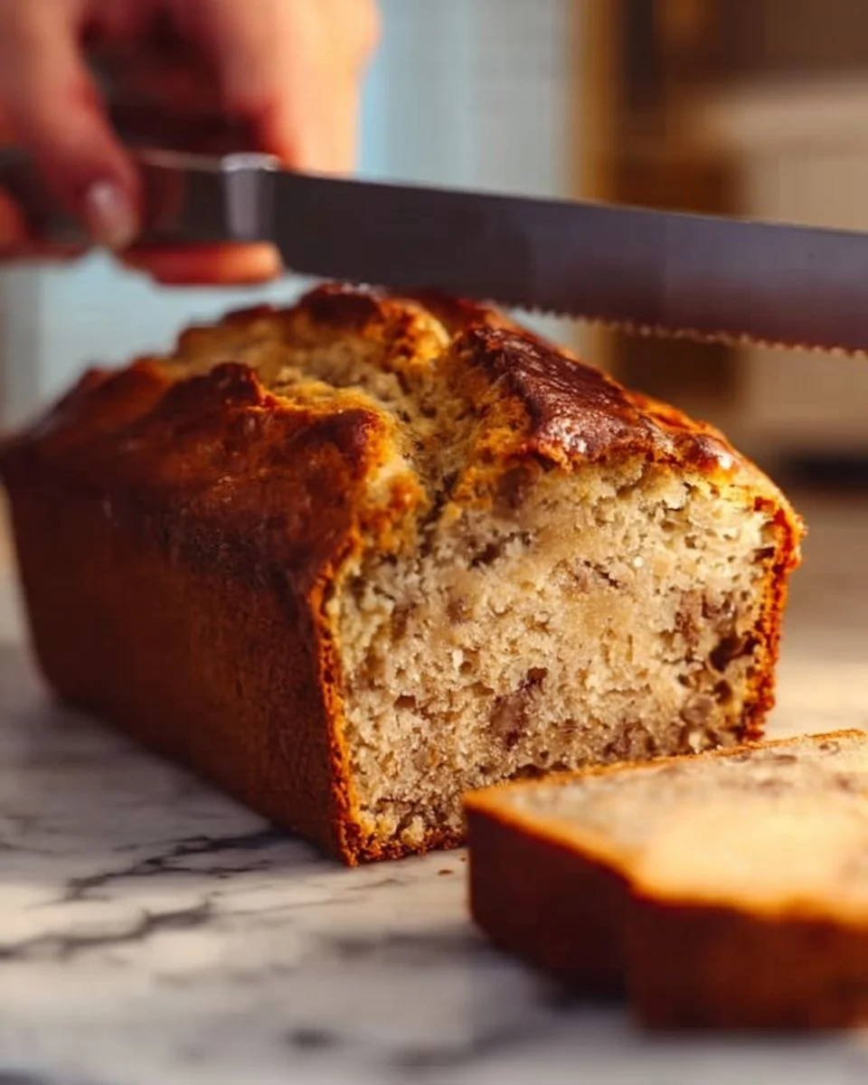 Freshly baked one bowl banana bread with ripe bananas on a wooden table