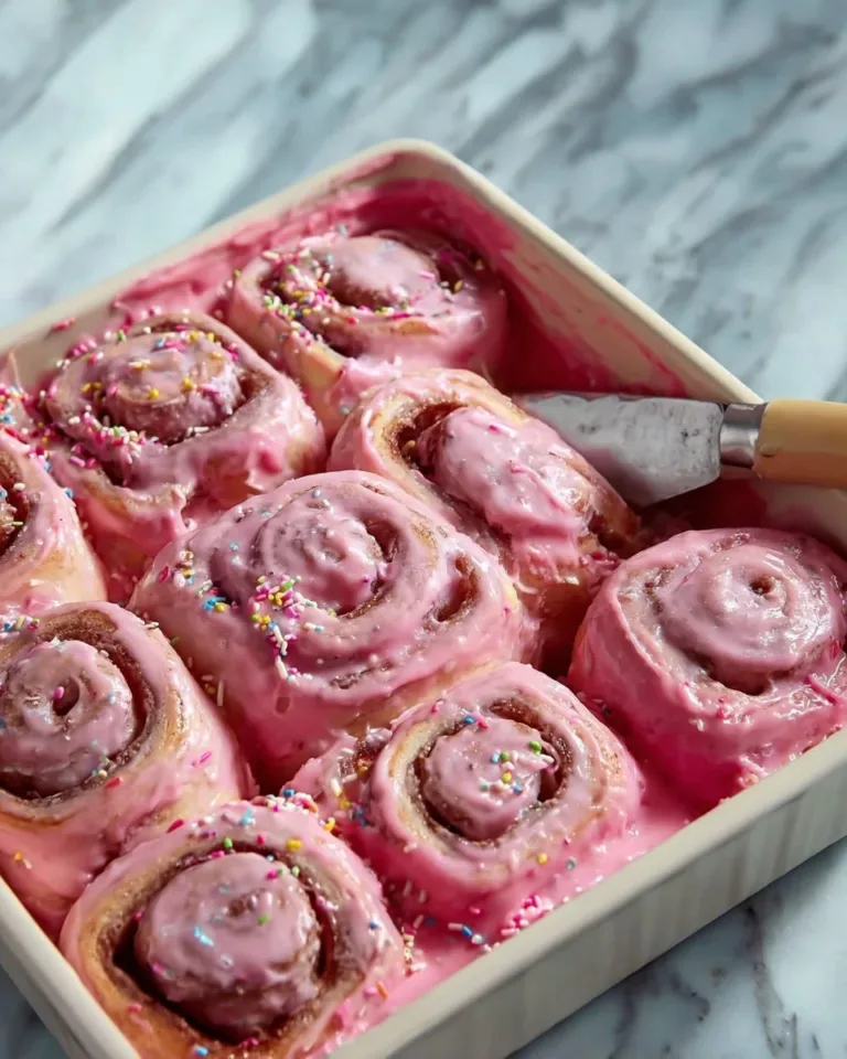 Delicious pink velvet cinnamon rolls drizzled with cream cheese icing.