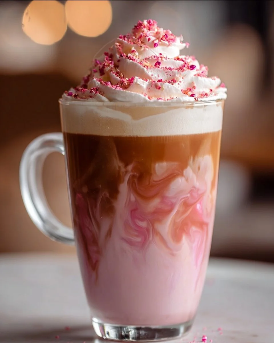 A delicious Pink Velvet Macchiato served in a stylish coffee cup.
