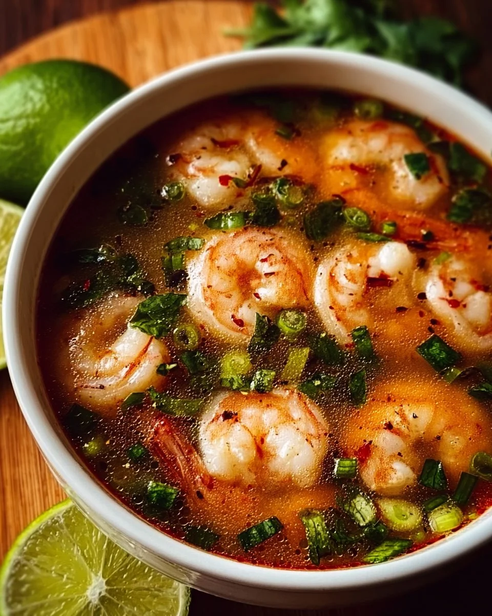 Delicious quick and spicy shrimp soup in a bowl ready to be served