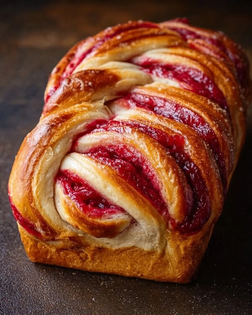 Freshly baked Raspberry Swirl Brioche Loaf with a vibrant raspberry filling