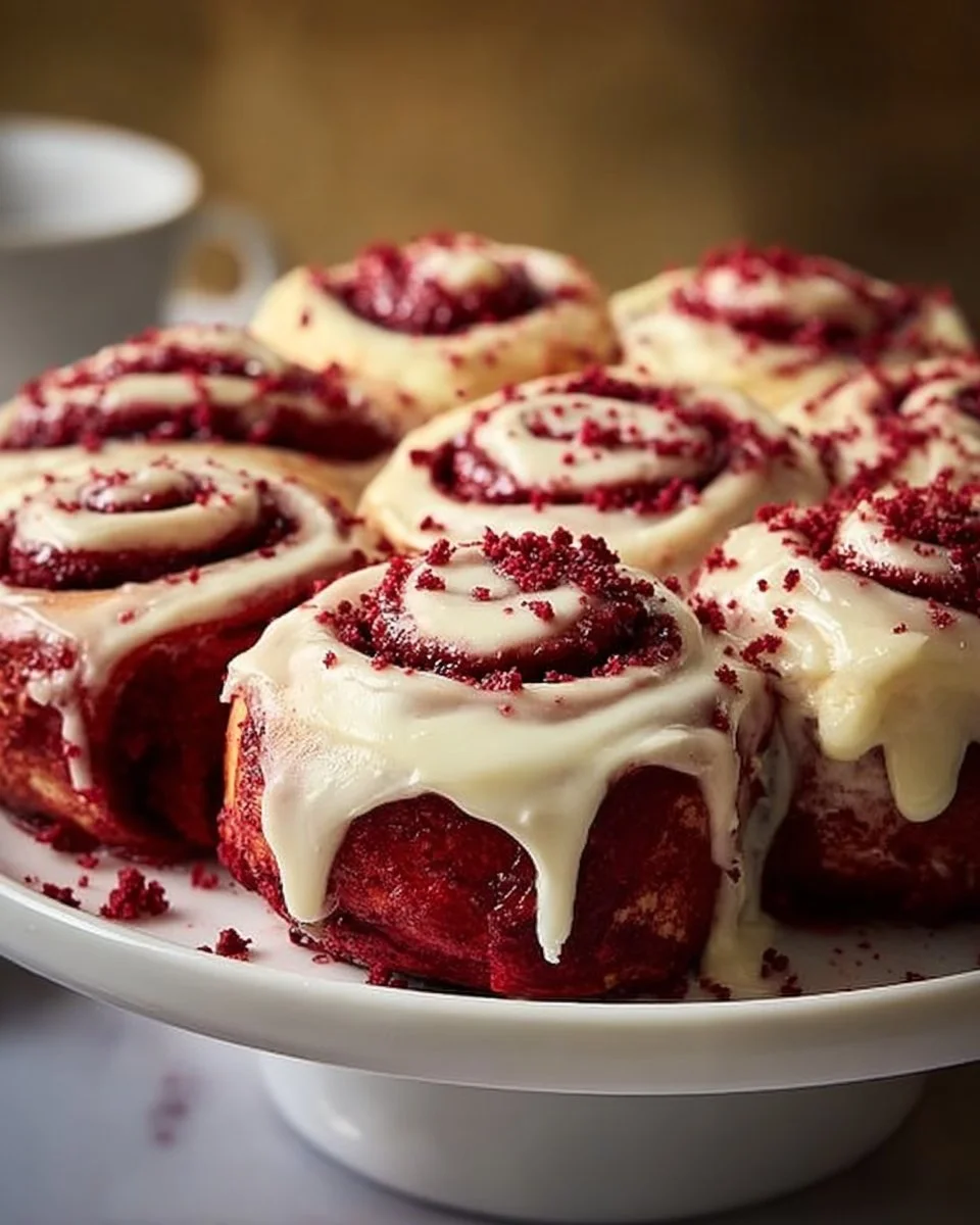 Delicious red velvet cinnamon rolls drizzled with cream cheese frosting