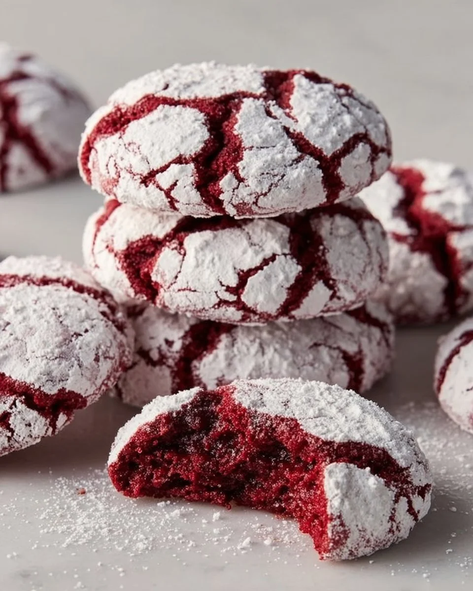 Freshly baked Red Velvet Crinkle Cookies with powdered sugar dusting