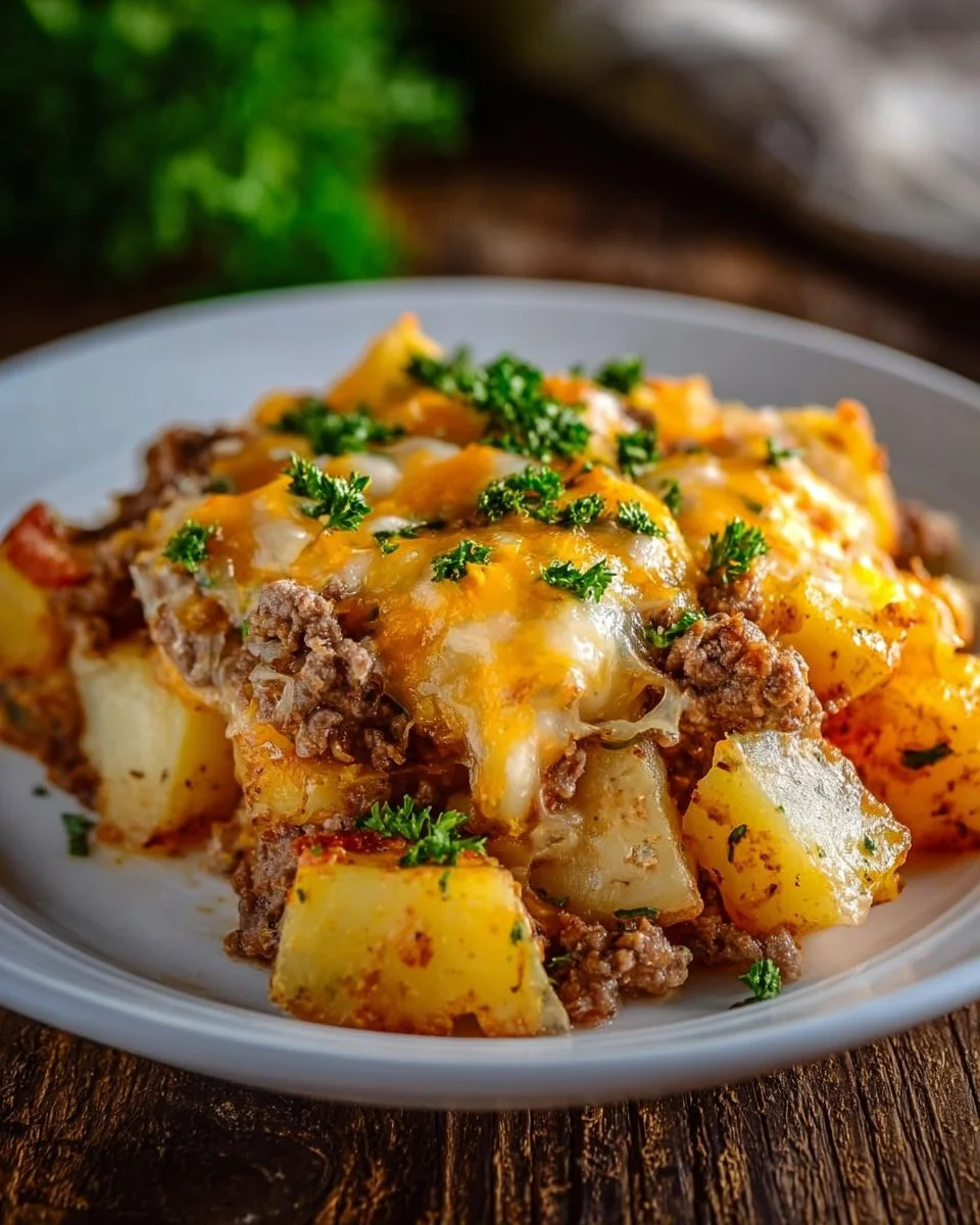 Slow Cooker Cowboy Potato Casserole topped with cheese and herbs