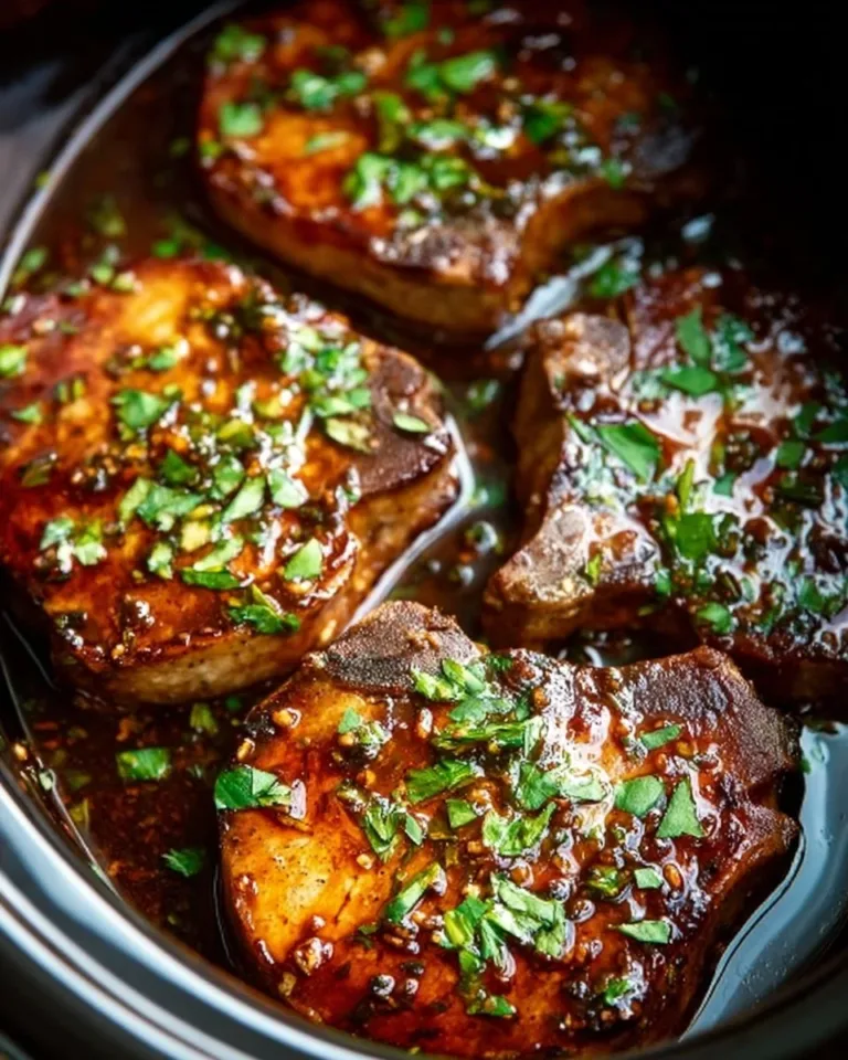 Slow Cooker Honey Garlic Pork Chops served on a plate with vegetables