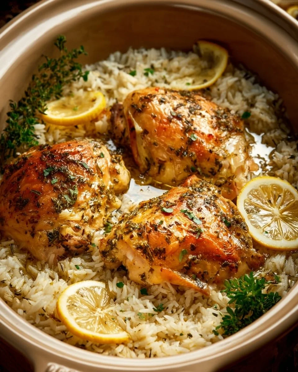 Slow Cooker Lemon Herb Chicken served with fluffy rice on a plate