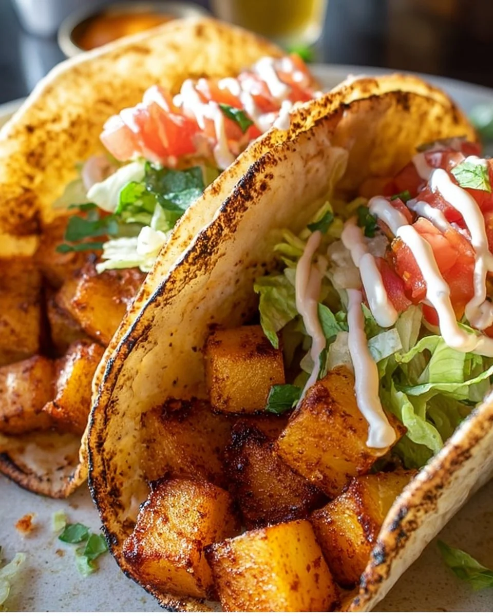 Delicious spicy potato soft taco served with fresh toppings.