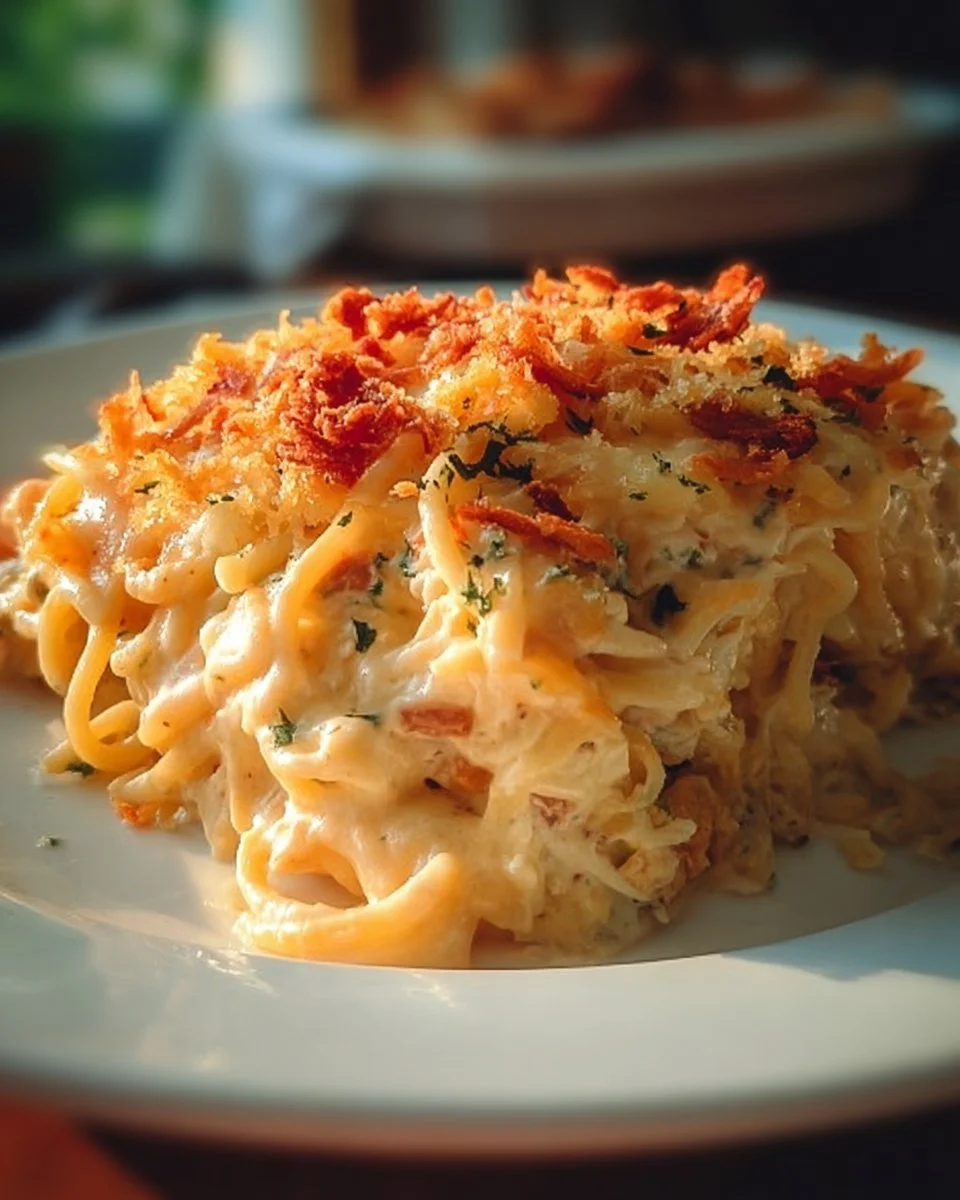 Delicious spicy Southern cheesy chicken spaghetti casserole served in a dish