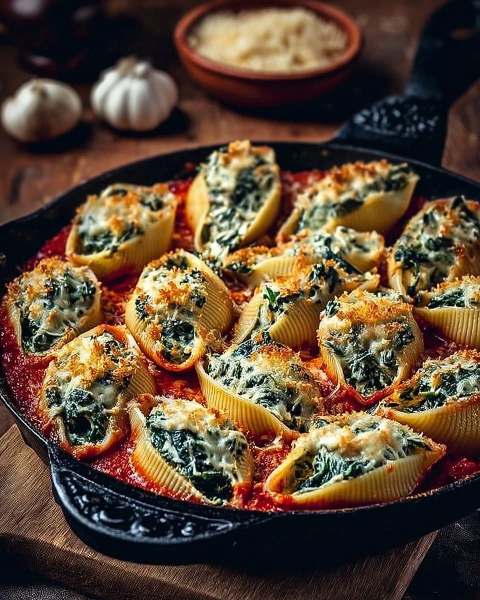 Plate of spinach and ricotta stuffed shells topped with marinara sauce and cheese