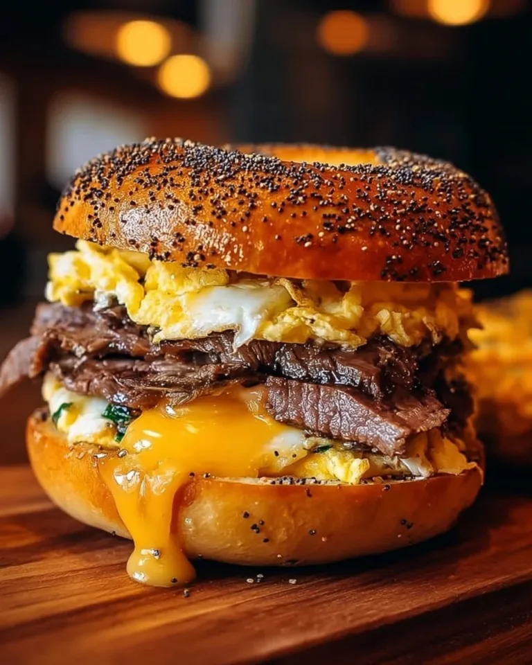 Delicious Steak Egg Cheese Bagel served with fresh ingredients