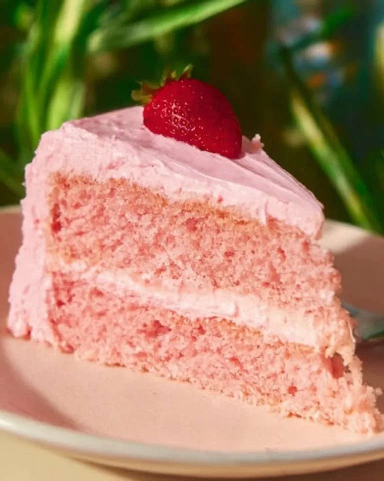 Delicious homemade strawberry cake topped with fresh berries and cream
