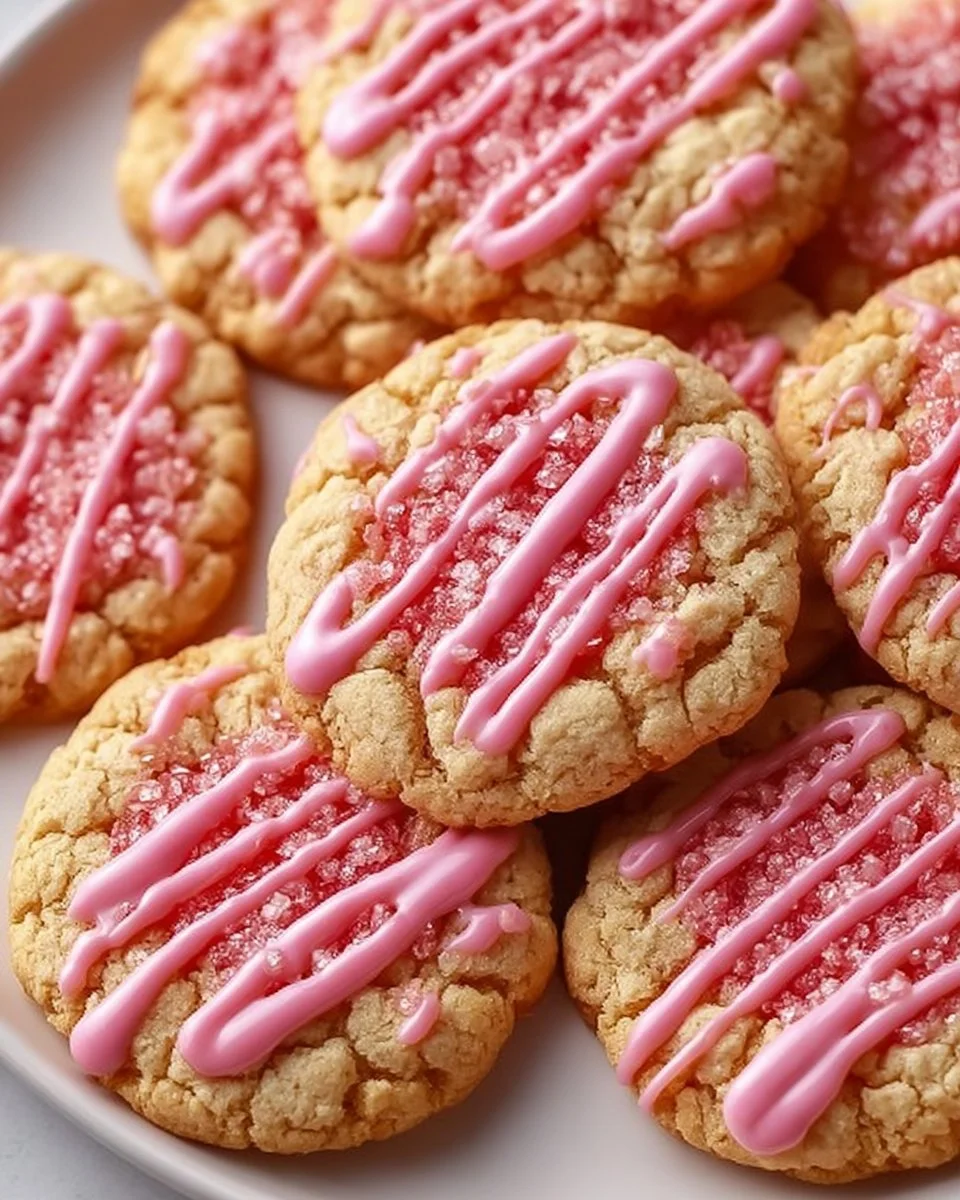 Freshly baked strawberry crunch cookies with a crunchy topping.