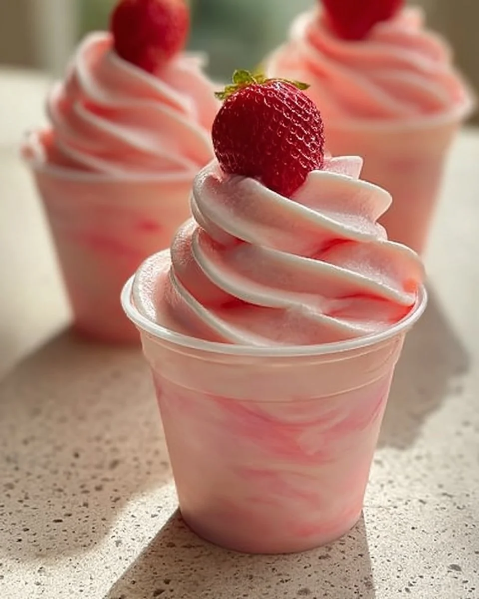 Delicious strawberry dole whip served in a colorful bowl