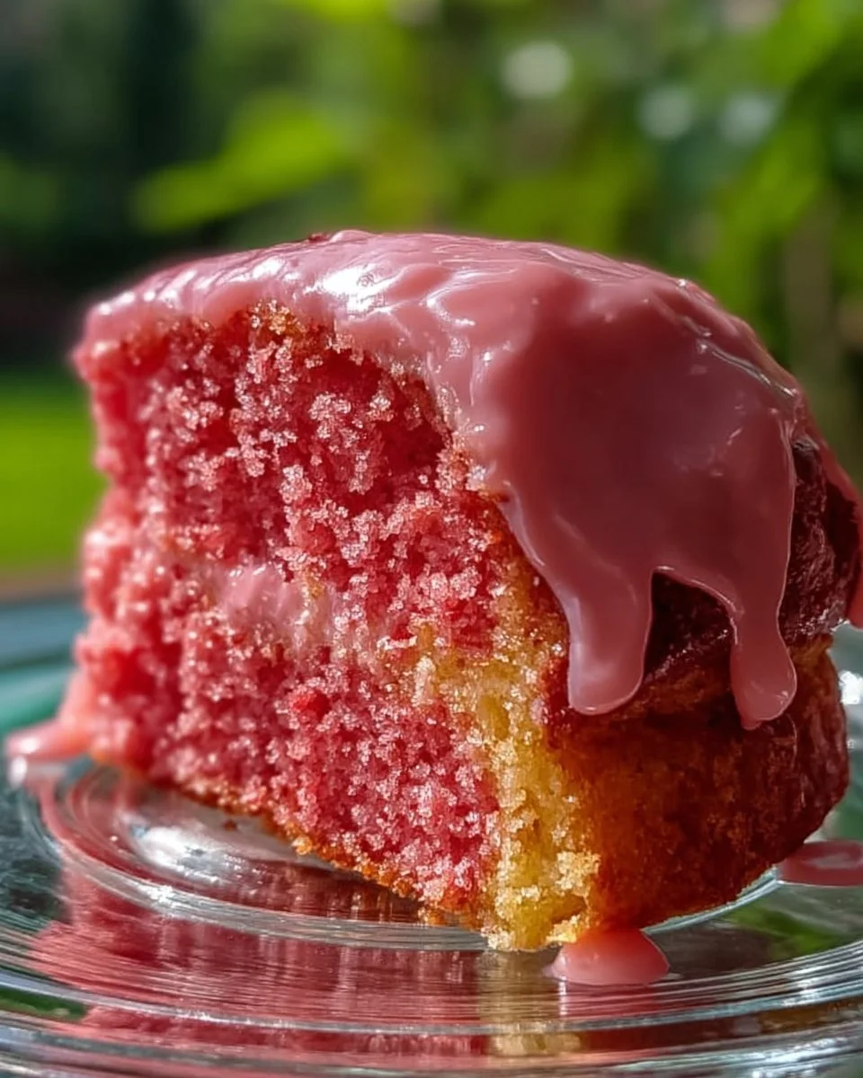 Delicious Strawberry Honeybun Cake topped with strawberries and glaze.