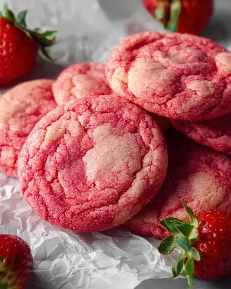 Soft and chewy vegan strawberry sugar cookies on a plate