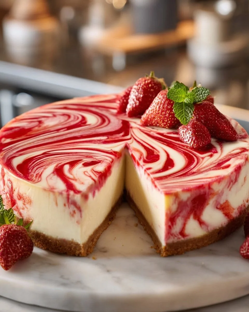 Delicious strawberry swirl cheesecake slice on a plate